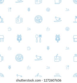 cafe icons pattern seamless white background. Included editable line pizza, spoon and fork, coffee, tea cup, crab, coffee cup, store, tea icons. cafe icons for web and mobile.