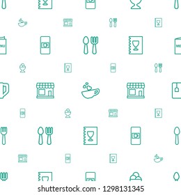 cafe icons pattern seamless white background. Included editable outline fork and spoon, cup with heart, ice cream ball, vending machine, store icons. cafe icons for web and mobile.