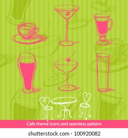 Cafe icons and seamless pattern