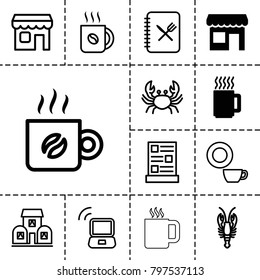 Cafe icons. set of 13 editable outline cafe icons such as store, mug, crab, dish, coffee, shop, menu, building