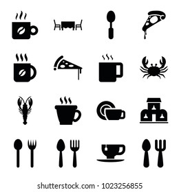 Cafe icons. set of 16 editable filled cafe icons such as spoon and fork, crab, fork and spoon, coffee, pizza, tea cup, spoon, building, restaurant table, dish