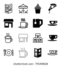 Cafe icons. set of 16 editable filled and outline cafe icons such as pizza, ice cream in can, tea cup, cup with heart, menu, store, plate fork and spoon, cup, building