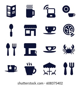 Cafe icons set. set of 16 cafe filled icons such as crab, spoon and fork, fork and spoon, coffee, dish, tea cup, spoon, cup with heart, pizza, menu, tea, coffee machine, store