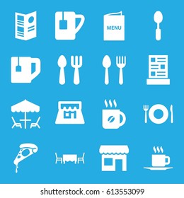 Cafe icons set. set of 16 cafe filled icons such as spoon and fork, plate fork and spoon, coffee, pizza, tea cup, cup, shop, menu, restaurant table, store