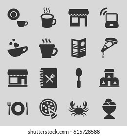 Cafe icons set. set of 16 cafe filled icons such as crab, plate fork and spoon, store, coffee, dish, pizza, ice cream ball, spoon, cup with heart, cup, menu, building