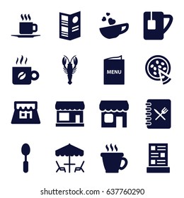 Cafe icons set. set of 16 cafe filled icons such as crab, store, coffee, spoon, cup with heart, tea cup, cup, pizza, shop, menu