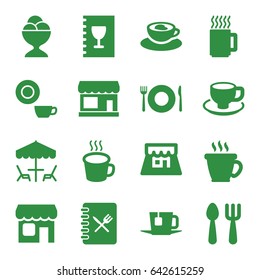 Cafe icons set. set of 16 cafe filled icons such as plate fork and spoon, store, fork and spoon, coffee, dish, ice cream ball, coffee cup, cup with heart, cup, shop, menu, tea