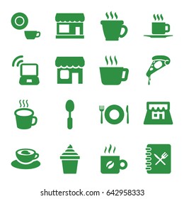 Cafe icons set. set of 16 cafe filled icons such as plate fork and spoon, store, coffee, dish, pizza, ice cream in can, spoon, cup with heart, cup, shop, menu, laptop signal