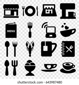 Cafe icons set. set of 16 cafe filled icons such as crab, plate fork and spoon, store, fork and spoon, ice cream ball, fork, cup with heart, tea cup, shop, menu