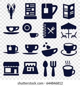 Cafe icons set. set of 16 cafe filled icons such as crab, store, fork and spoon, dish, tea cup, coffee cup, shop, menu, tea