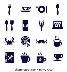 Cafe icons set. set of 16 cafe filled icons such as crab, spoon and fork, plate fork and spoon, vending machine, coffee, tea cup, spoon, fork, cup with heart, cup, pizza, shop