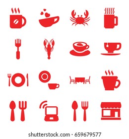 Cafe icons set. set of 16 cafe filled icons such as crab, spoon and fork, plate fork and spoon, store, coffee, dish, tea cup, cup with heart, restaurant table, mug