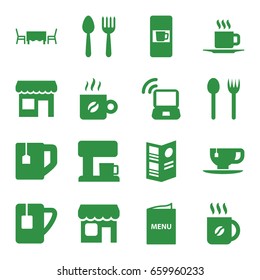 Cafe icons set. set of 16 cafe filled icons such as spoon and fork, vending machine, coffee, tea cup, cup, shop, menu, restaurant table, coffee machine, store, laptop signal