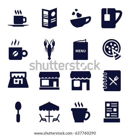 Cafe icons set. set of 16 cafe filled icons such as crab, store, coffee, spoon, cup with heart, tea cup, cup, pizza, shop, menu