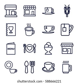 cafe icons set. Set of 16 cafe outline icons such as store, crab, fork and spoon, dish, ice cream ball, tea cup, coffee cup, plate with spoon and fork, cup, menu, tea