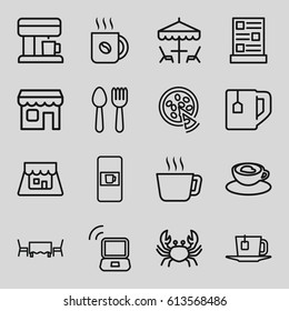 Cafe icons set. set of 16 cafe outline icons such as spoon and fork, vending machine, crab, coffee, tea cup, cup with heart, pizza, shop, menu, tea, restaurant table