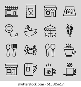 Cafe icons set. set of 16 cafe outline icons such as spoon and fork, store, crab, fork and spoon, coffee, dish, cup with heart, tea cup, cup, shop, menu