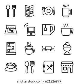 Cafe icons set. set of 16 cafe outline icons such as spoon and fork, plate fork and spoon, ice cream ball, tea cup, cup with heart, cup, shop, menu, restaurant table, mug
