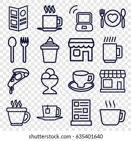 Cafe icons set. set of 16 cafe outline icons such as store, coffee, pizza, ice cream in can, ice cream ball, coffee cup, plate with spoon and fork, cup, shop, menu, tea, mug