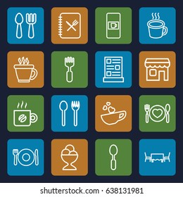 Cafe icons set. set of 16 cafe outline icons such as plate fork and spoon, vending machine, fork and spoon, coffee, ice cream ball, cup with heart, cup, shop, menu