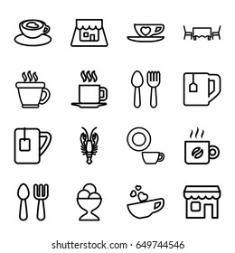 Cafe icons set. set of 16 cafe outline icons such as spoon and fork, crab, fork and spoon, coffee, dish, ice cream ball, tea cup, cup with heart, cup, shop
