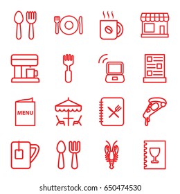 Cafe icons set. set of 16 cafe outline icons such as spoon and fork, plate fork and spoon, store, crab, coffee, pizza, tea cup, menu, coffee machine, table under umbrella