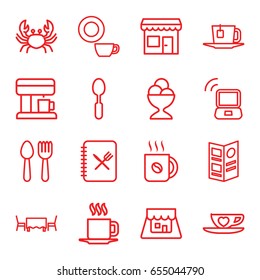 Cafe icons set. set of 16 cafe outline icons such as spoon and fork, crab, dish, coffee, ice cream ball, spoon, cup with heart, cup, shop, menu, tea, restaurant table