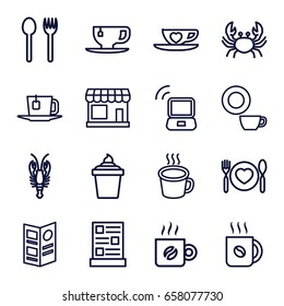 Cafe icons set. set of 16 cafe outline icons such as store, crab, dish, coffee, ice cream in can, tea cup, plate with spoon and fork, cup with heart, cup, menu, tea