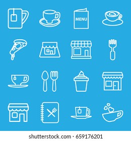 Cafe icons set. set of 16 cafe outline icons such as spoon and fork, store, pizza, ice cream in can, tea cup, coffee cup, fork, cup with heart, shop, menu