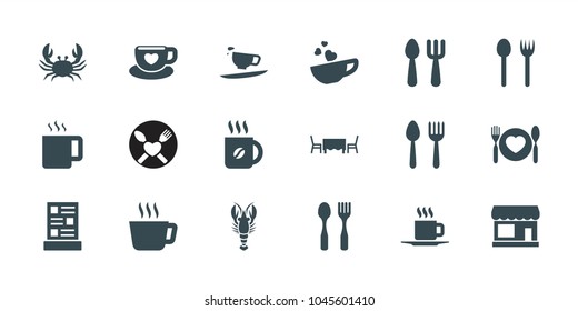 Cafe icons. set of 18 editable filled cafe icons: spoon and fork, store, crab, fork and spoon, coffee, tea, plate with spoon and fork, cup with heart, cup, menu