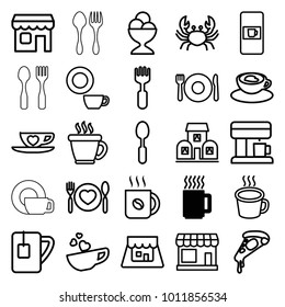 Cafe icons. set of 25 editable outline cafe icons such as mug, plate fork and spoon, vending machine, store, crab, coffee, dish, pizza, ice cream ball, spoon, fork