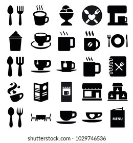 Cafe icons. set of 25 editable filled cafe icons such as spoon and fork, plate fork and spoon, store, coffee, ice cream ball, tea cup, coffee cup, menu, tea, building