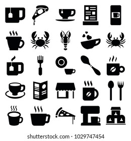 Cafe icons. set of 25 editable filled cafe icons such as vending machine, crab, coffee, dish, fork and spoon, tea, pizza, tea cup, coffee cup, fork, menu, building