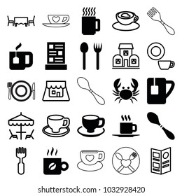 Cafe icons. set of 25 editable filled and outline cafe icons such as fork and spoon, coffee cup, tea cup, menu, coffee, mug, dish, fork, shop, building, restaurant table