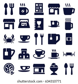 Cafe icons set. set of 25 cafe filled icons such as crab, spoon and fork, vending machine, store, fork and spoon, coffee, ice cream ball, tea cup, coffee cup, pizza, shop