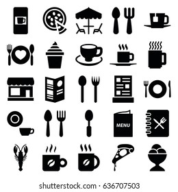 Cafe icons set. set of 25 cafe filled icons such as crab, spoon and fork, plate fork and spoon, vending machine, store, dish, coffee, pizza, ice cream in can, ice cream ball