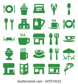 Cafe icons set. set of 25 cafe filled icons such as crab, spoon and fork, plate fork and spoon, store, pizza, ice cream in can, ice cream ball, cup with heart, tea cup, cup