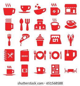 Cafe icons set. set of 25 cafe filled icons such as crab, plate fork and spoon, vending machine, store, fork and spoon, coffee, pizza, ice cream in can, tea cup