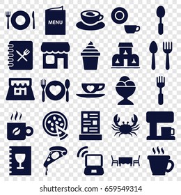 Cafe icons set. set of 25 cafe filled icons such as crab, spoon and fork, plate fork and spoon, coffee, dish, pizza, ice cream in can, ice cream ball, cup with heart, shop