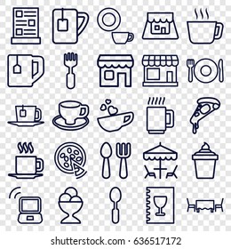 Cafe icons set. set of 25 cafe outline icons such as plate fork and spoon, store, fork and spoon, dish, pizza, ice cream in can, ice cream ball, tea cup, coffee cup, spoon