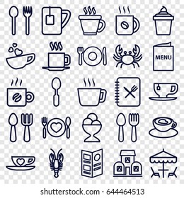 Cafe icons set. set of 25 cafe outline icons such as spoon and fork, plate fork and spoon, crab, coffee, ice cream in can, ice cream ball, tea cup, cup with heart, cup, menu