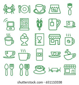 Cafe icons set. set of 25 cafe outline icons such as spoon and fork, plate fork and spoon, vending machine, store, crab, coffee, ice cream ball, tea cup, coffee cup, shop