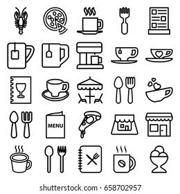 Cafe icons set. set of 25 cafe outline icons such as spoon and fork, crab, fork and spoon, coffee, pizza, ice cream ball, tea cup, coffee cup, fork, shop, menu, coffee machine