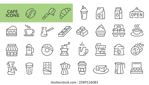 Cafe icons. Set of 30 cafe trendy minimal icons. Coffee grinder, Espresso machine, Coffee cup, French press. Design signs for web page, mobile app, packaging design. Vector illustration.