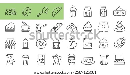 Cafe icons. Set of 30 cafe trendy minimal icons. Coffee grinder, Espresso machine, Coffee cup, French press. Design signs for web page, mobile app, packaging design. Vector illustration.