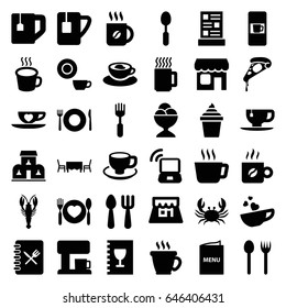 Cafe icons set. set of 36 cafe filled icons such as crab, plate fork and spoon, vending machine, fork and spoon, coffee, dish, pizza, ice cream in can, ice cream ball, tea cup