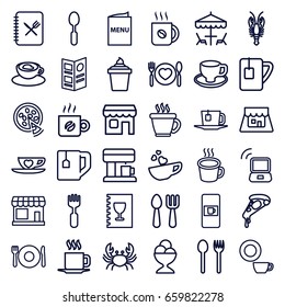 Cafe icons set. set of 36 cafe outline icons such as plate fork and spoon, vending machine, store, crab, fork and spoon, coffee, dish, pizza, ice cream in can, ice cream ball