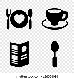 Cafe icons set. set of 4 cafe filled icons such as coffee cup, spoon, plate with spoon and fork
