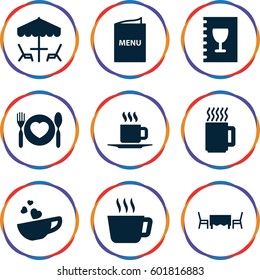 cafe icons set. Set of 9 cafe filled icons such as plate with spoon and fork, cup with heart, cup, menu, restaurant table, mug, table under umbrella