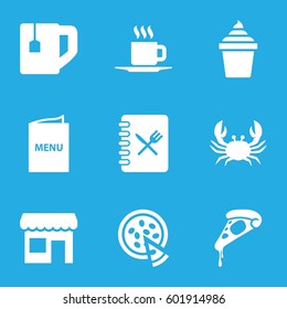 cafe icons set. Set of 9 cafe filled icons such as crab, pizza, ice cream in can, tea cup, cup, menu